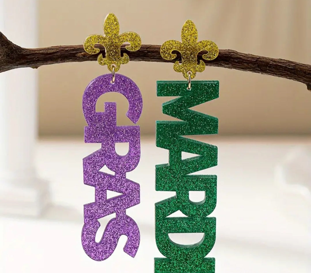 Mardi Gras Glittery Acrylic Earrings