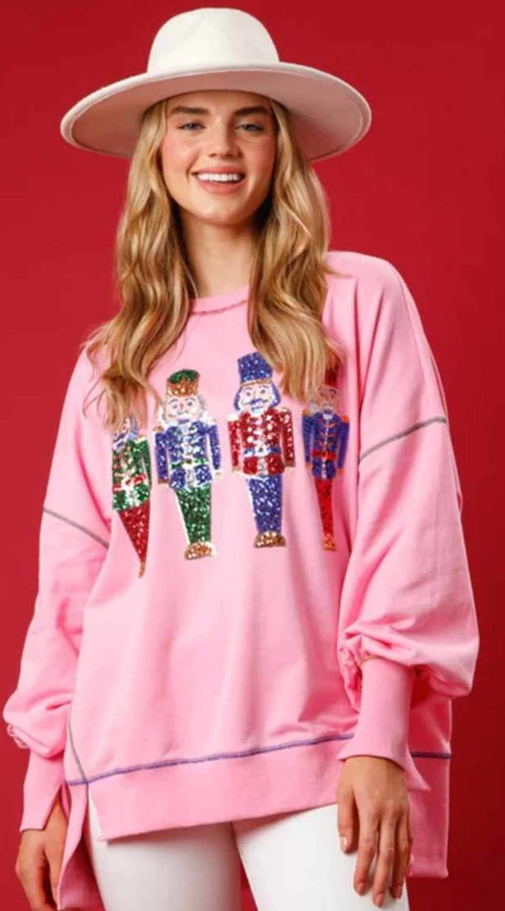 Ladies Pink Sequin Nutcracker Pullover