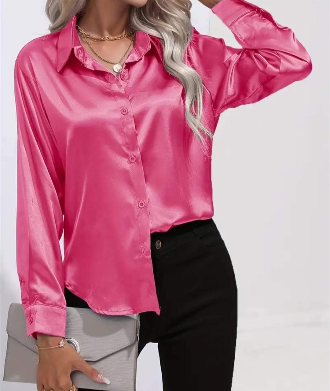 Button Down Satin Long Sleeve Shirt