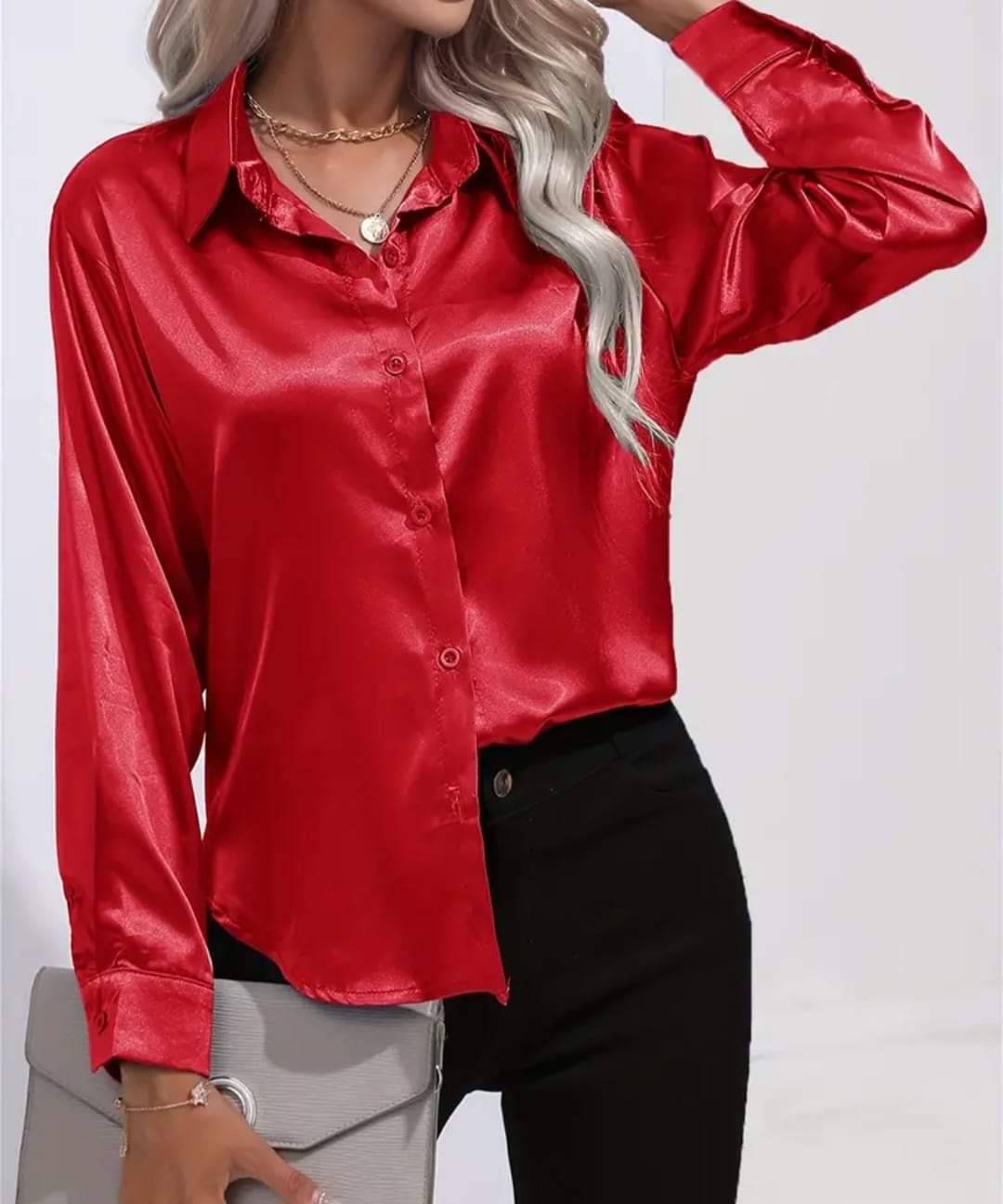 Button Down Satin Long Sleeve Shirt