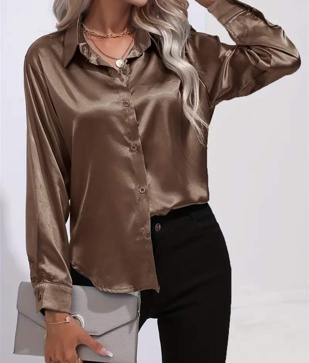 Button Down Satin Long Sleeve Shirt
