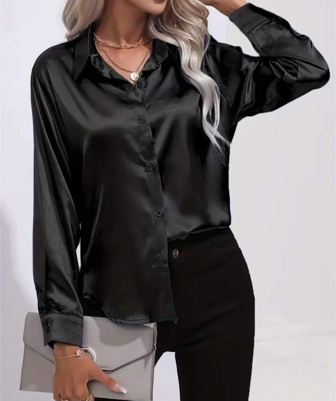 Button Down Satin Long Sleeve Shirt