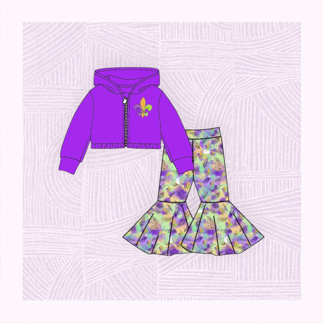 Girls Mardi Gras Hoodie Flair Leg Pant Set