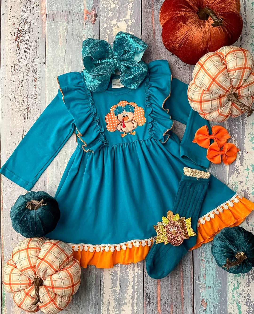 Girls Teal & Orange Turkey Appliqued Dress