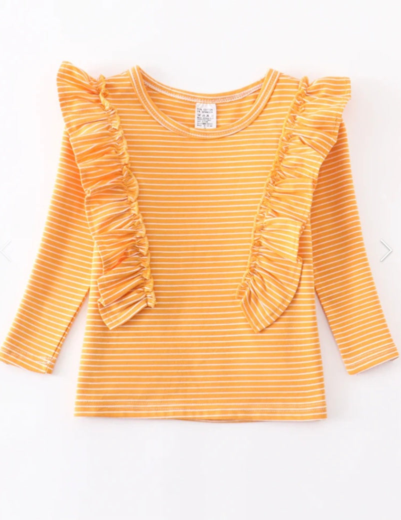 Girls Mustard Stripe Ruffle Shirt