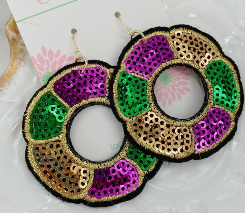 Mardi Gras Sequin King Cake Earrings