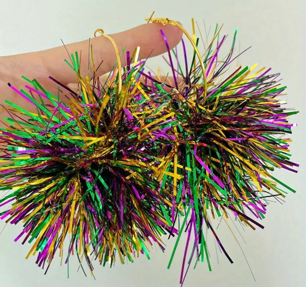 Mardi Gras Tinsel Ball Earrings