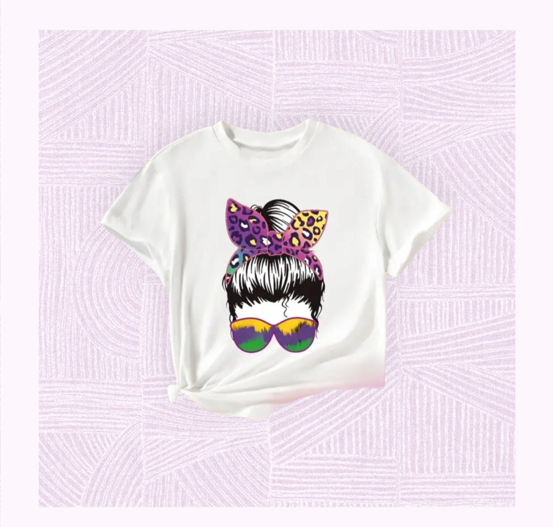Girls Mardi Gras Messy Bun Shirt