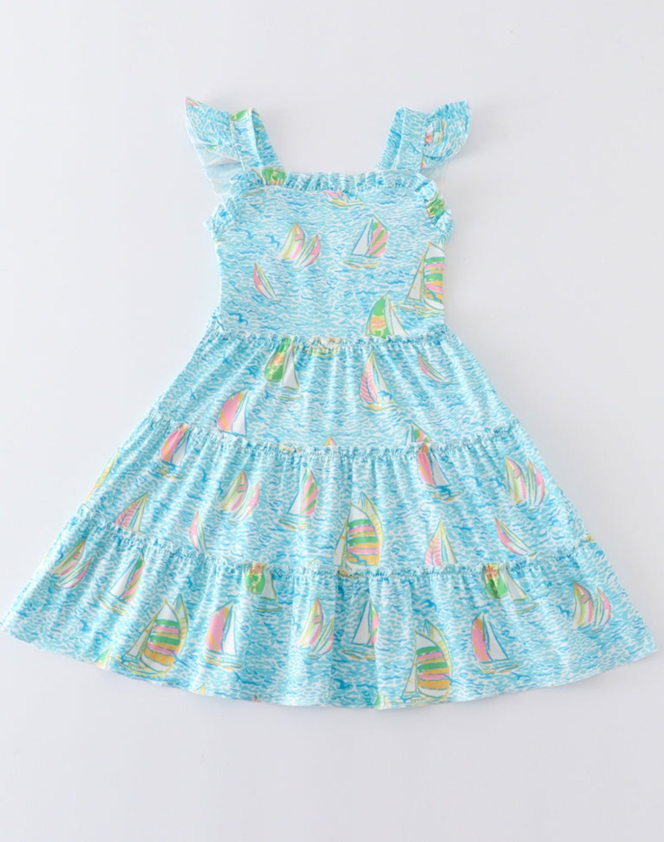 Blue Sailboat print ruffle dress