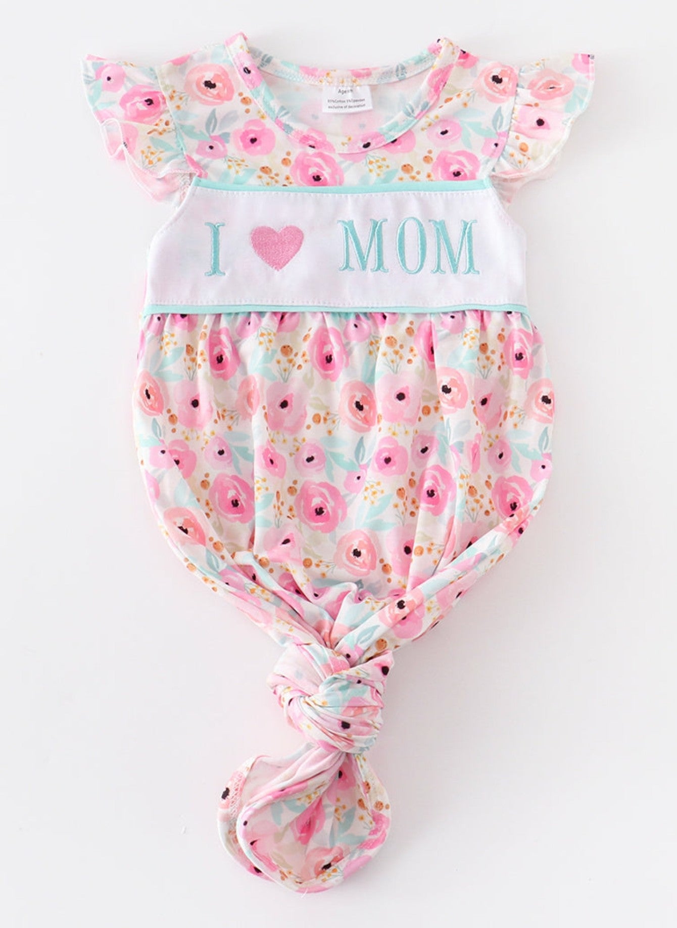 I Love Mom rose print embroidered baby gown