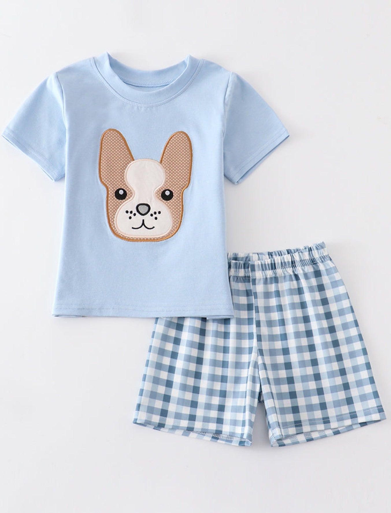 Blue Bulldog applique plaid boys short set