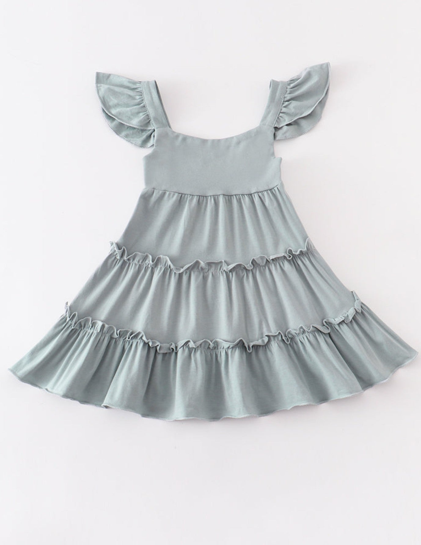 Sage flutter trim tiered dress