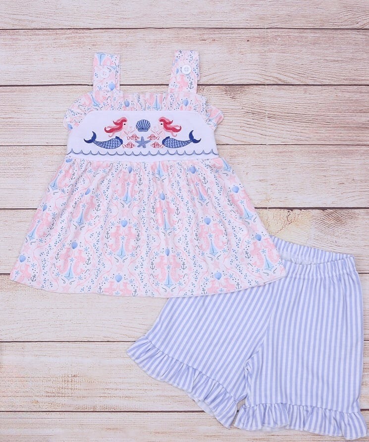 Floral print Mermaid Embroidered Short Set