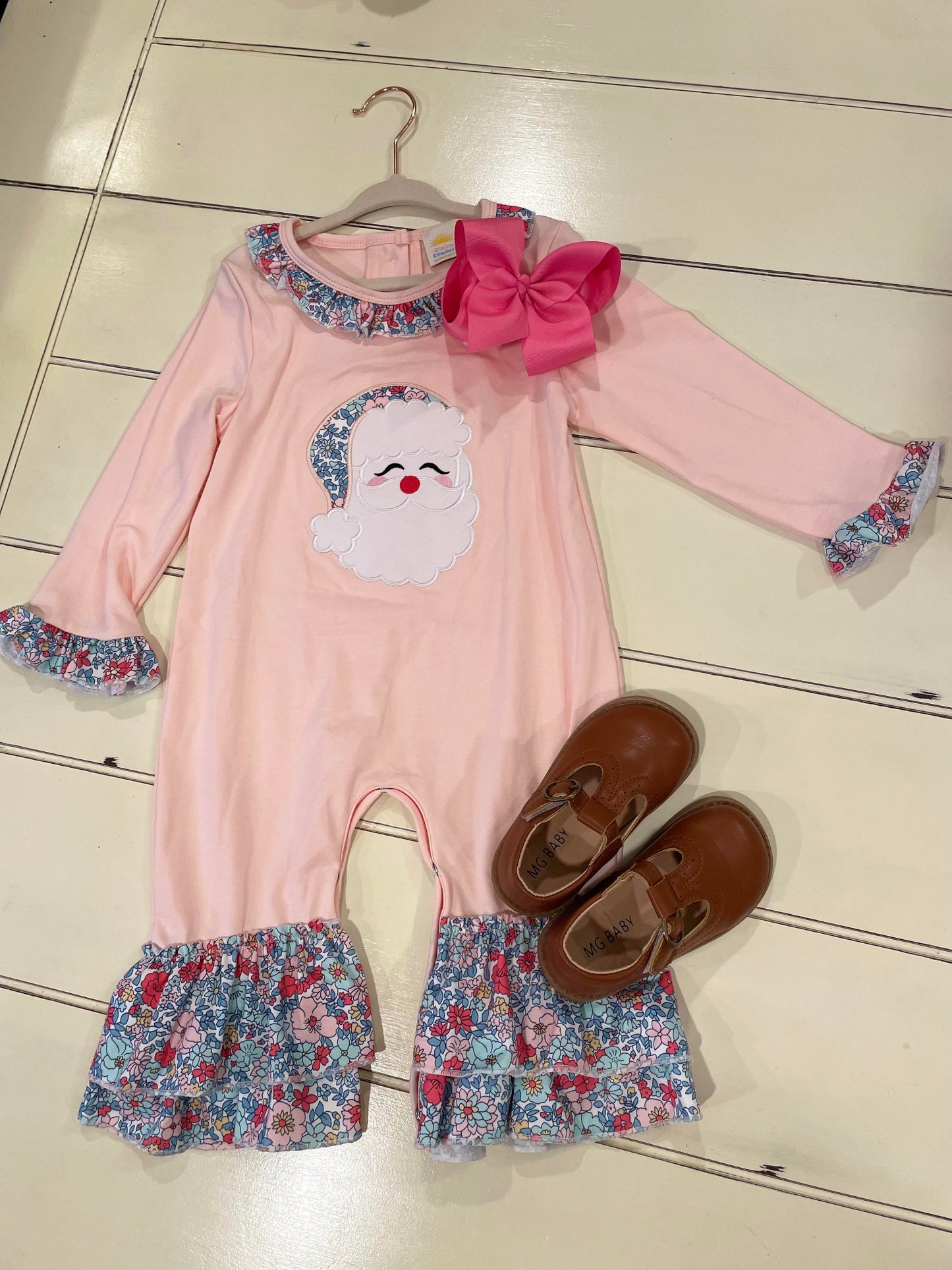 Girls Embroidered Floral Santa Romper