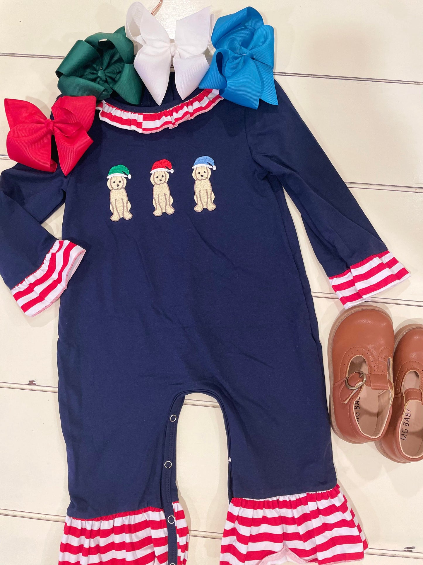 Girls Embroidered Playful Christmas Pups Romper