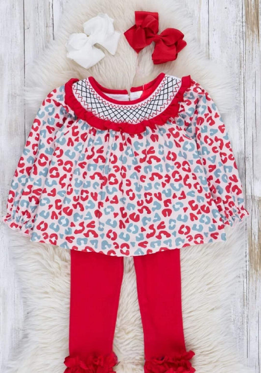 Girls Red & Green Leopard Ruffled Smocked Pant Set