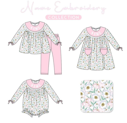 Pink Floral Girls Embroidered and Monogrammed Pant Set