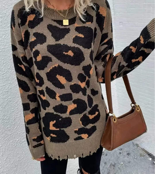 Leopard Print Raw Hem Sweater