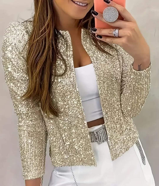 Ladies Open Front Sequin Jacket in Champagne