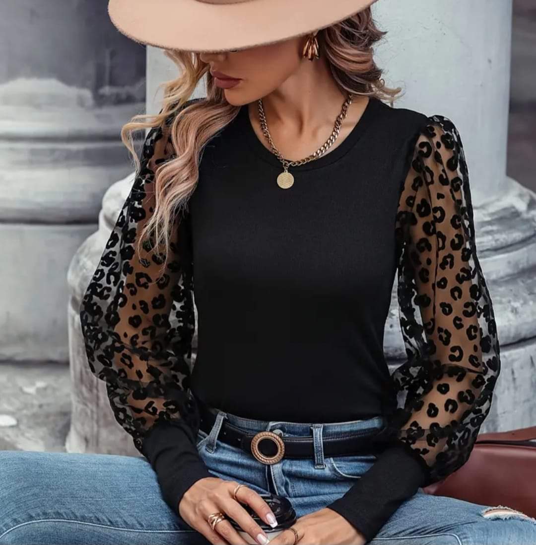 Leopard Pattern Translucent Sleeve Top