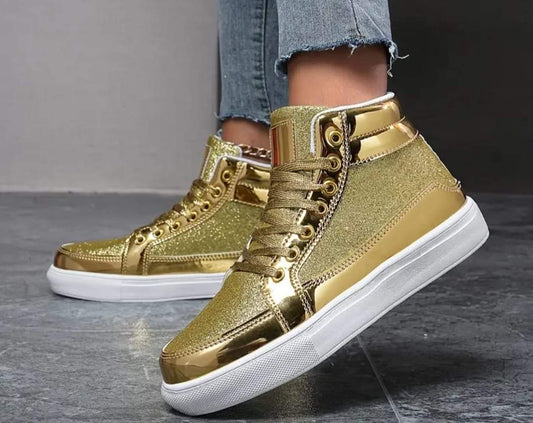 Ladies Glittery Gold Mardi Gras Hi-top Sneakers