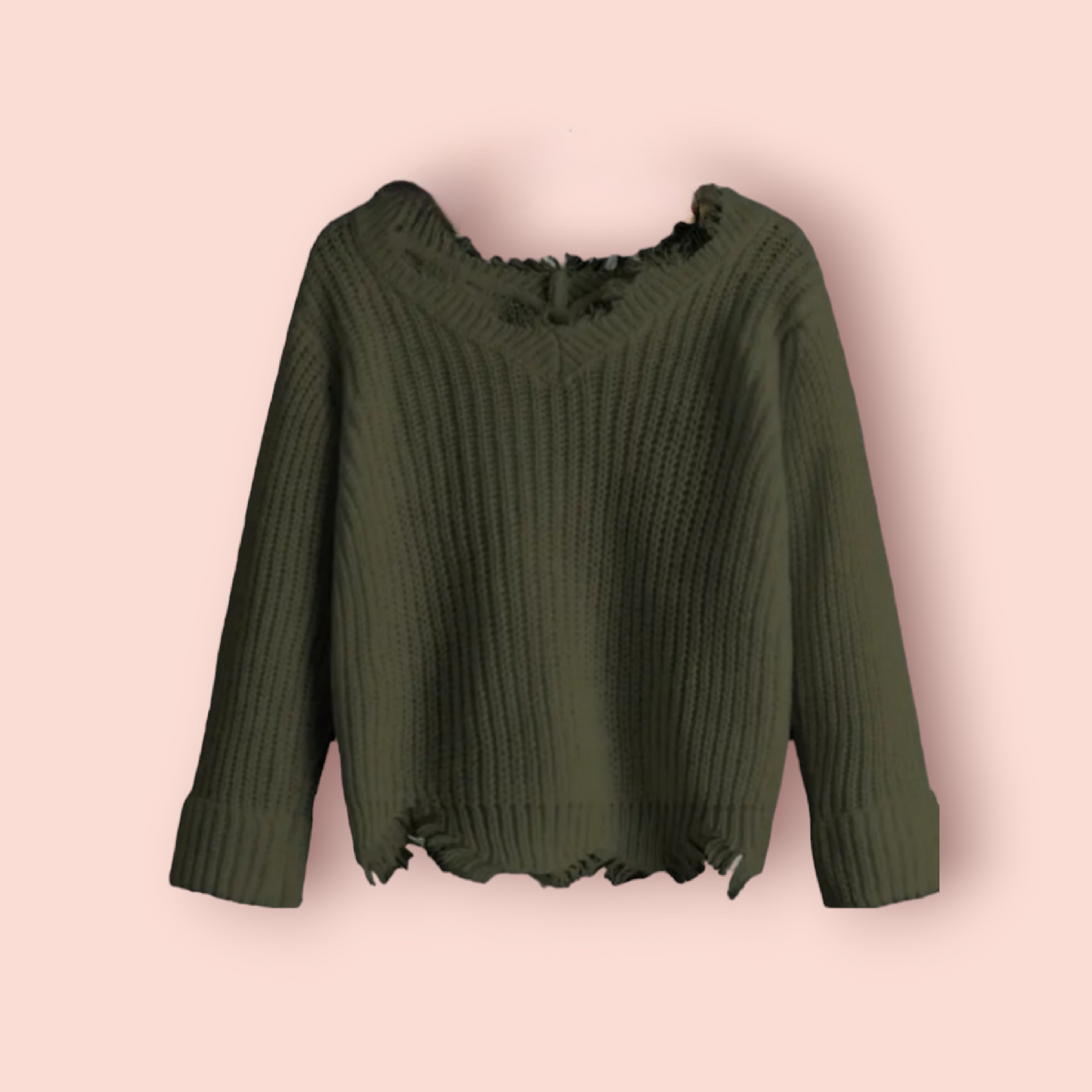 Girls Casual Raw Hem V-neck Sweater Olive