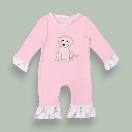 Girls Embroidered Pink Puppy Romper