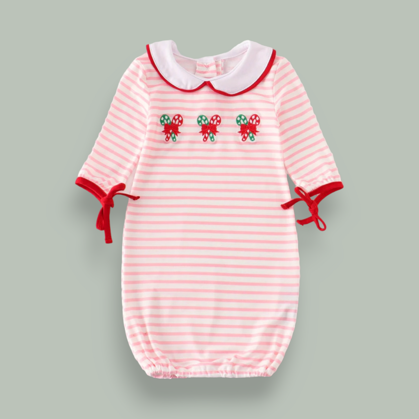 Pink Candy Cane Embroidered Baby Gown