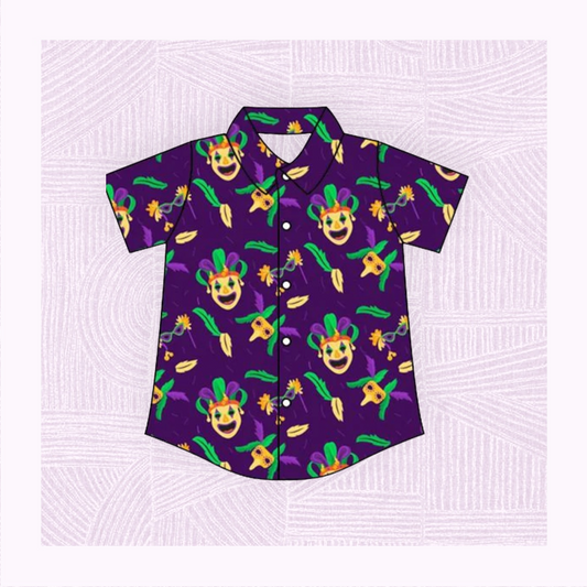 Boys Mrdi Gras Mask Button Down Shirt