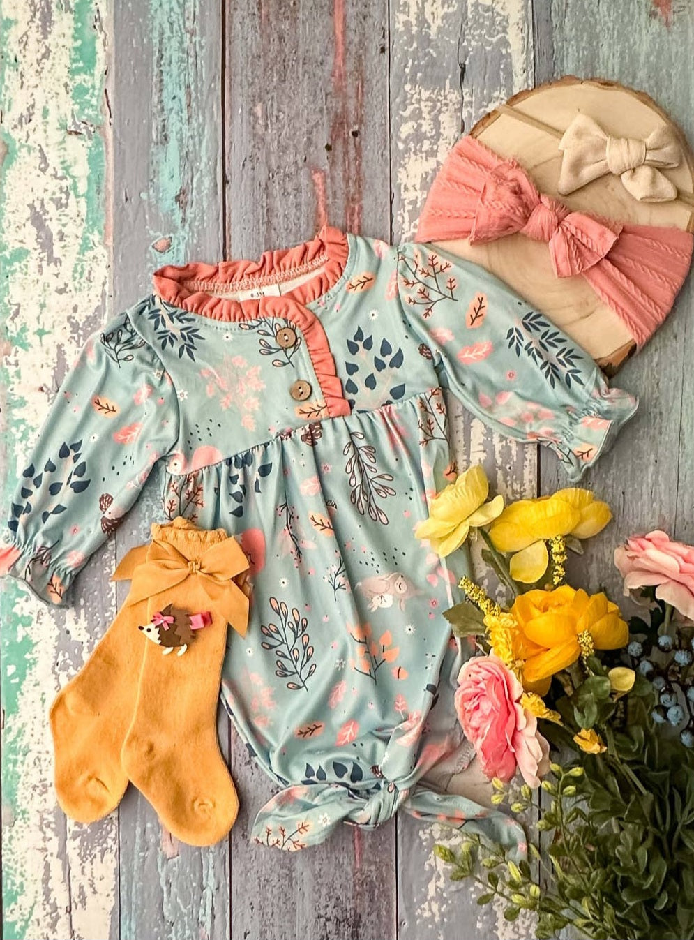 Foxy Flowers Ruffled Baby Gown