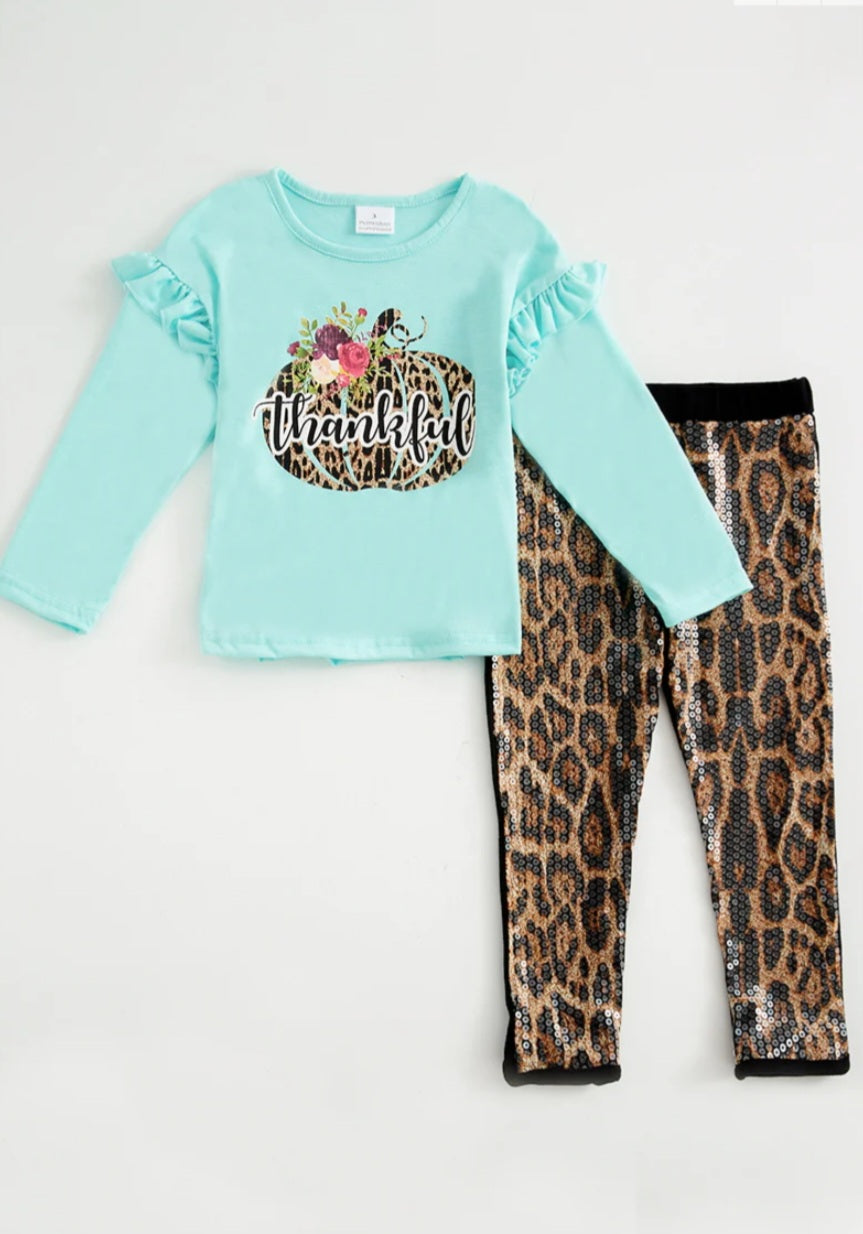 Girls "Thankful" Leopard Sequin Pant Set