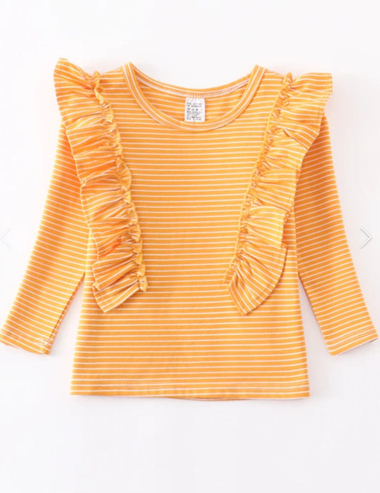 Girls Mustard Stripe Ruffle Shirt