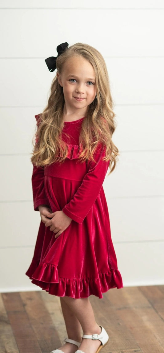 Girls Rose Ruffle Velvet Dress