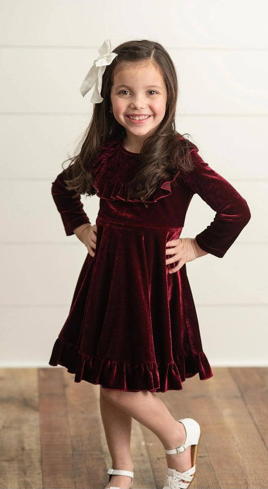 Girls Burgundy Ruffle Velvet Dress