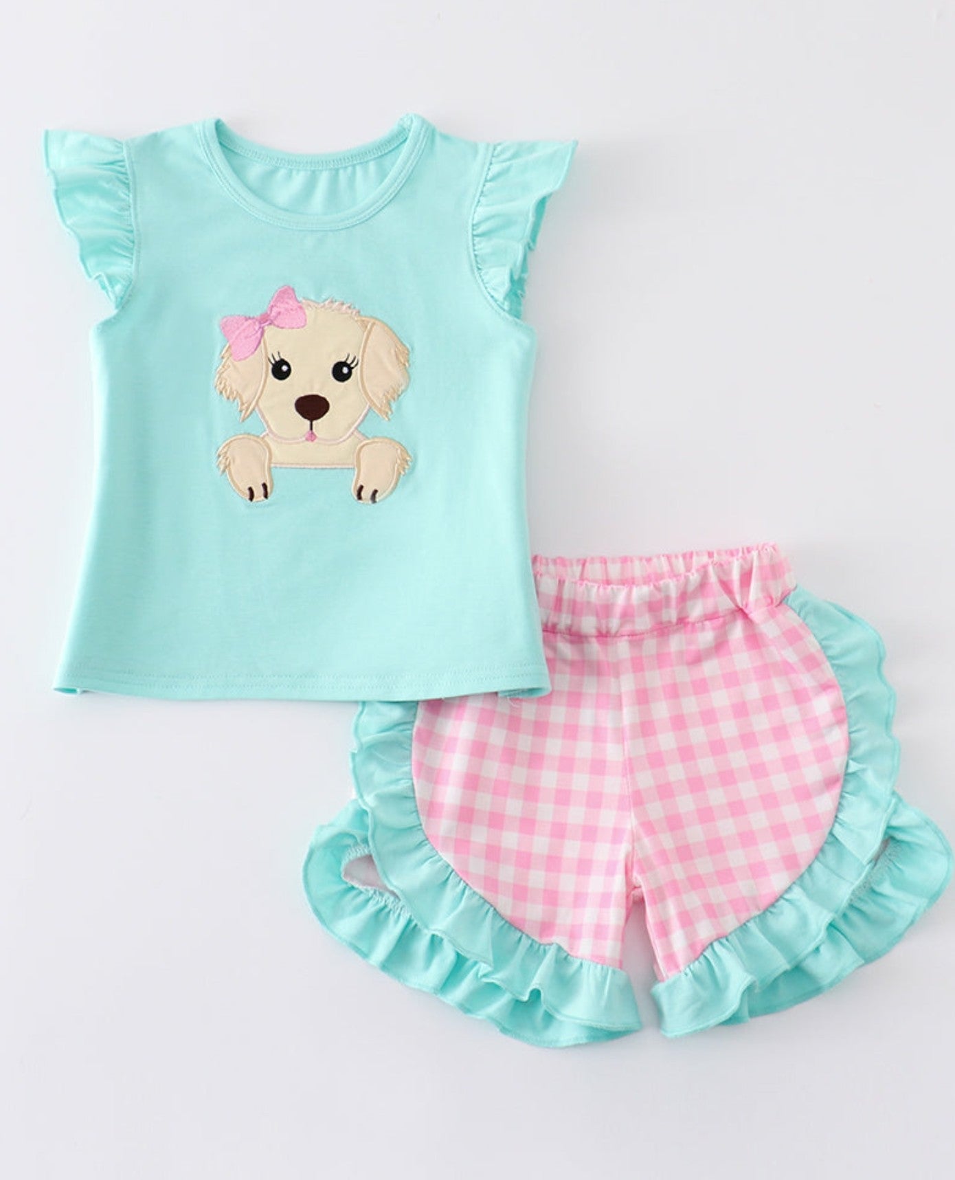 Mint Dog applique girls short set