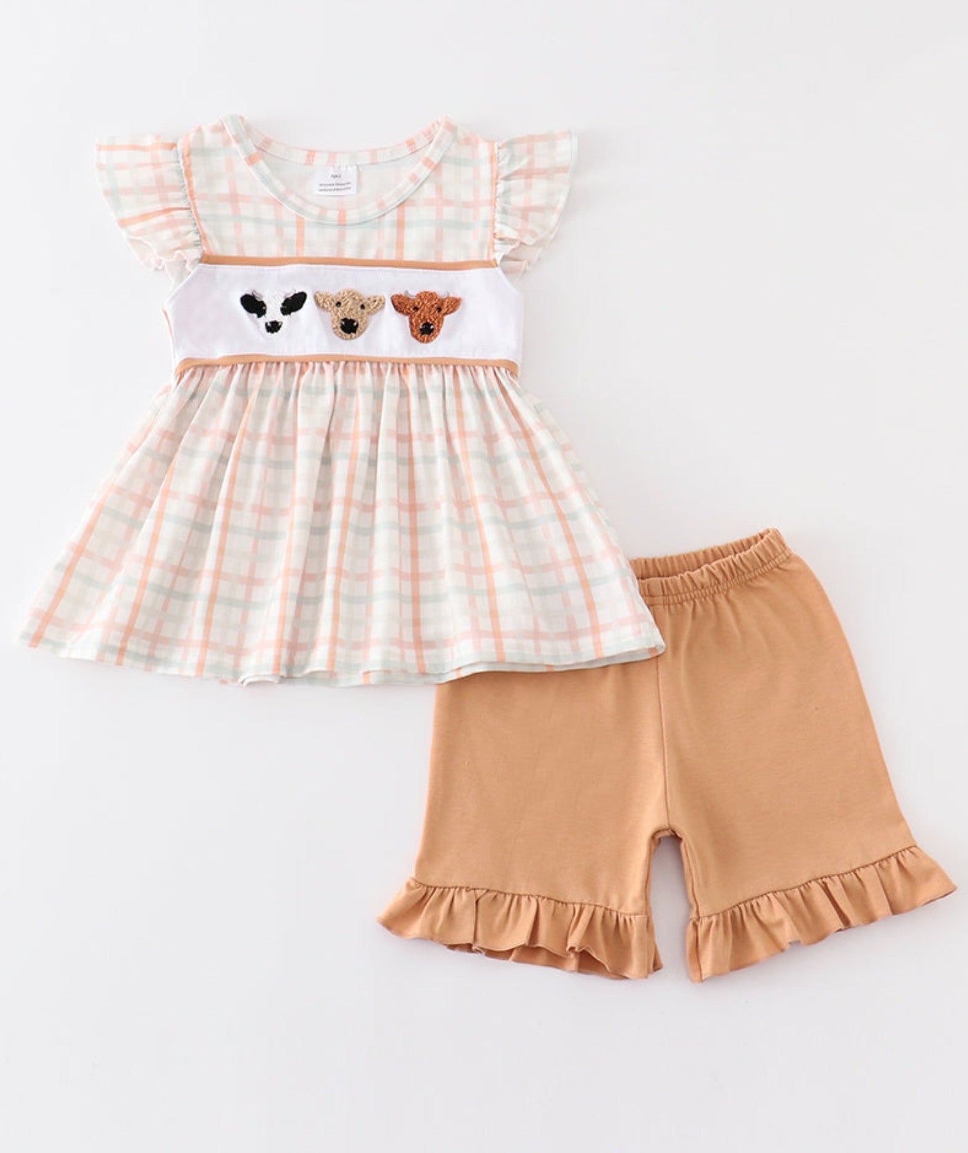 Cow french knot plaid ruffle girls short set