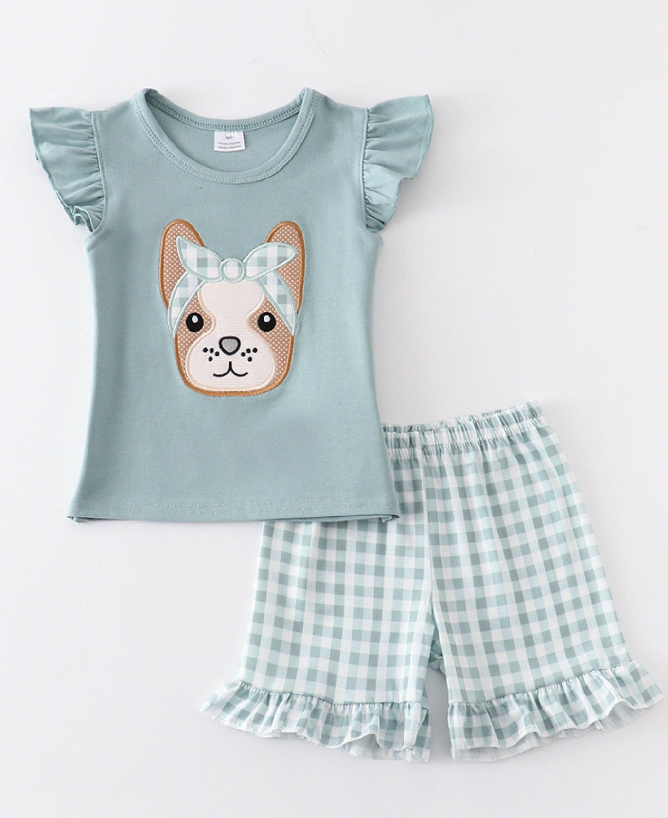 French knot Bulldog ruffle girl short set