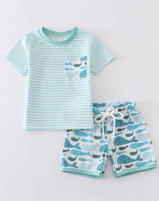 Blue stripe Whale print boys short set