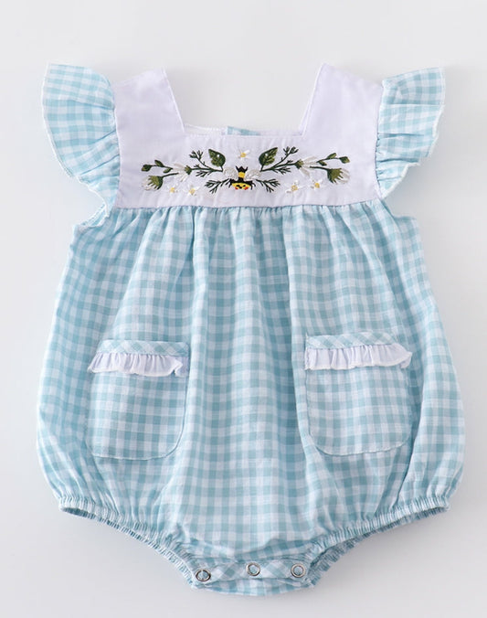 Blue Gingham Embroidered Floral Honey Bee Romper