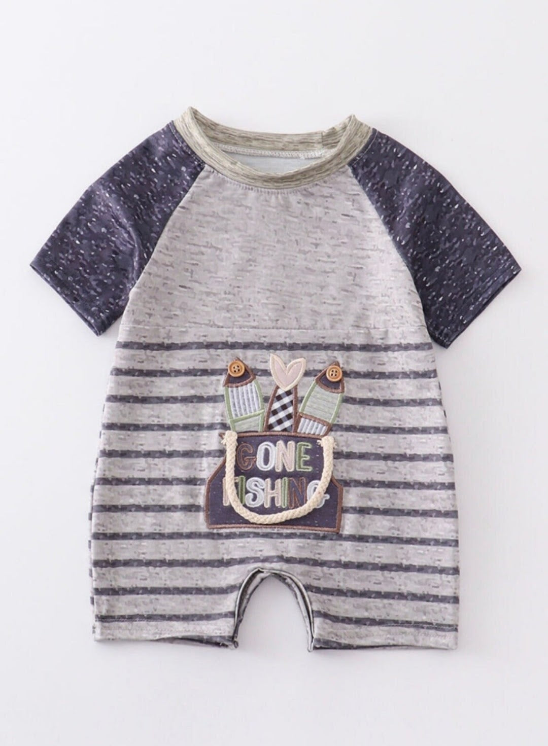 Grey Gone Fishing applique boys romper