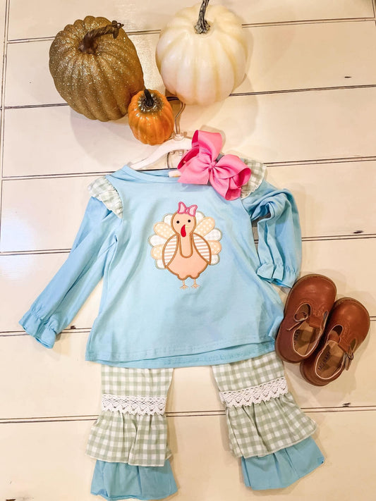 Tiny Turkey Embroidered Girls Pant Set