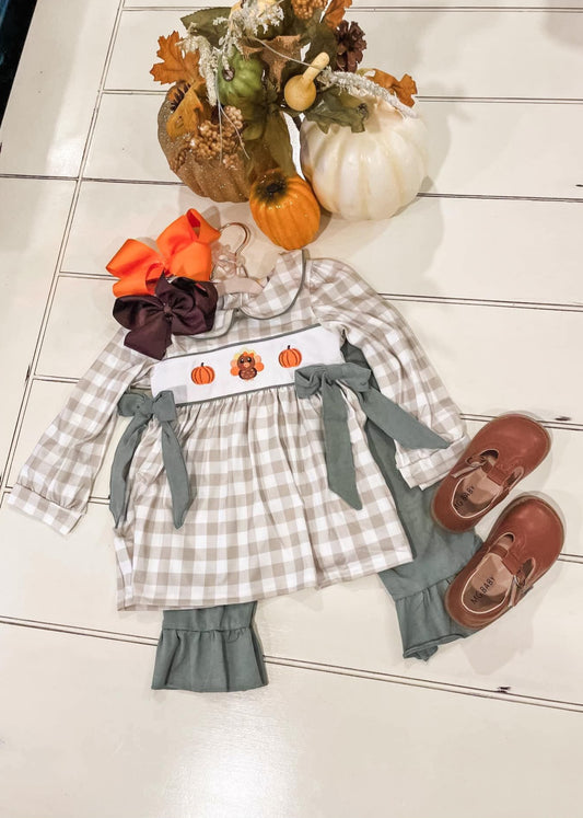 Lil Turkey Embroidered Thanksgiving Pant Set