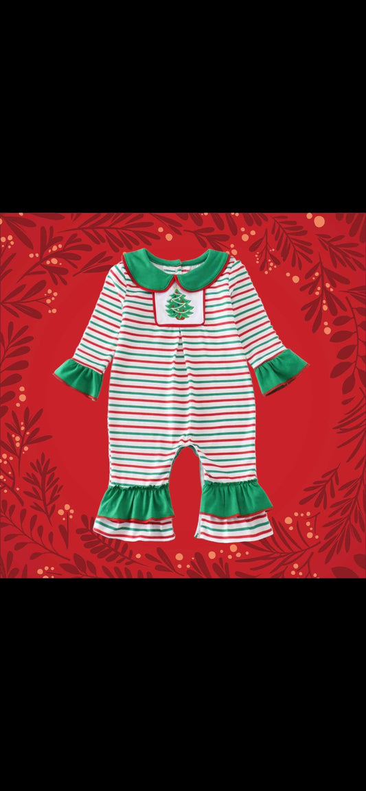 Girls Embroidered Christmas Tree Romper