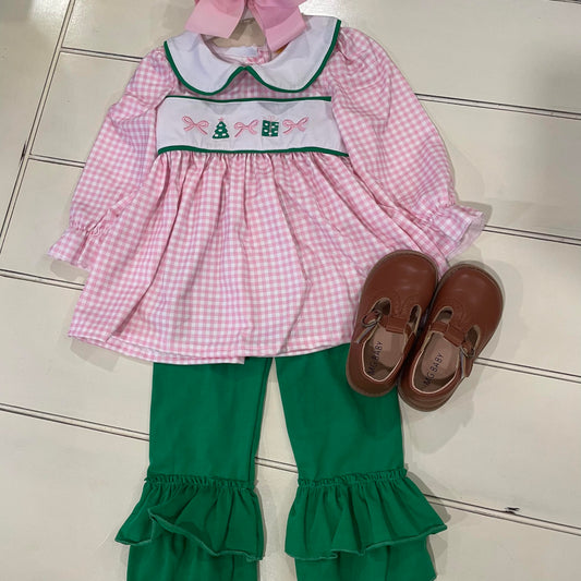 Girls Embroidered Present under the Tree Pant Set