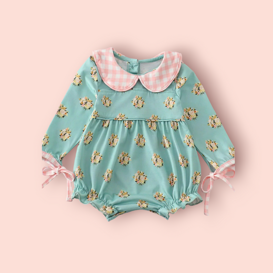 Girls Teal Floral & Pink Gingham Trimmed Bubble