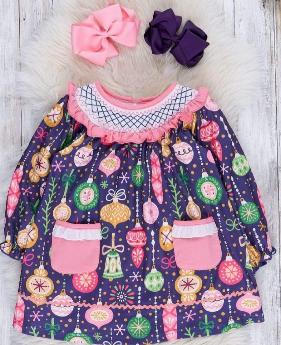 Pink  & Blue Smocked Vintage Ornament Girls Ruffled Dress