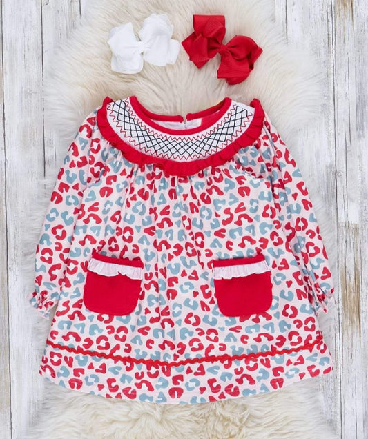 Girls Red & Green Leopard Ruffled Smocked Dress