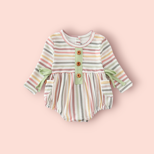 Girls Neutral Striped Long-sleeved Bubble